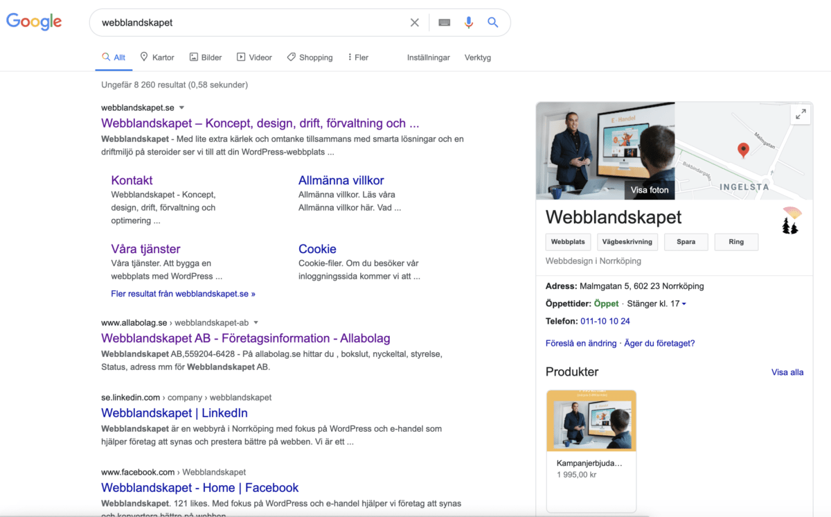Googlar man på ett företag dyker företagets Google Business-information upp till höger om sökresultaten. Här visas en sökning på Webblandskapet