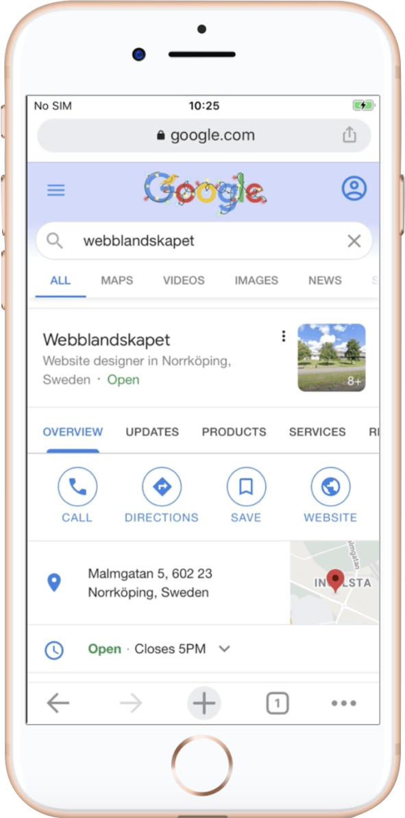 Ett exempel på Webblandskapets Google Business-profil visat på mobiltelefon