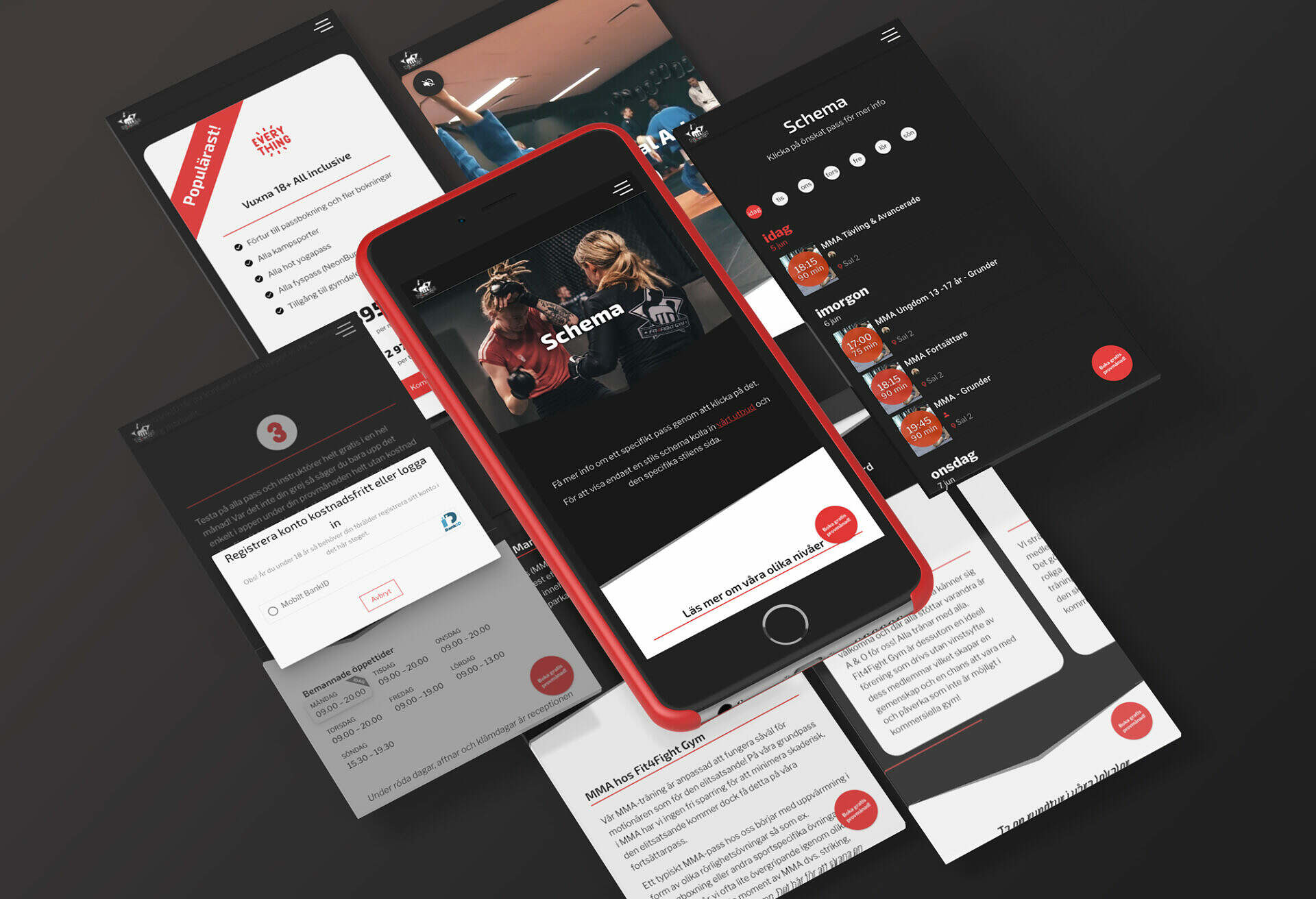 Flera mobilskärmar visar olika vyer från Fit4fights Zoezi-hemsida, som startsida, registreringskomponent och träningsschema. Hemsidans design är svartvit med röda accenter.
