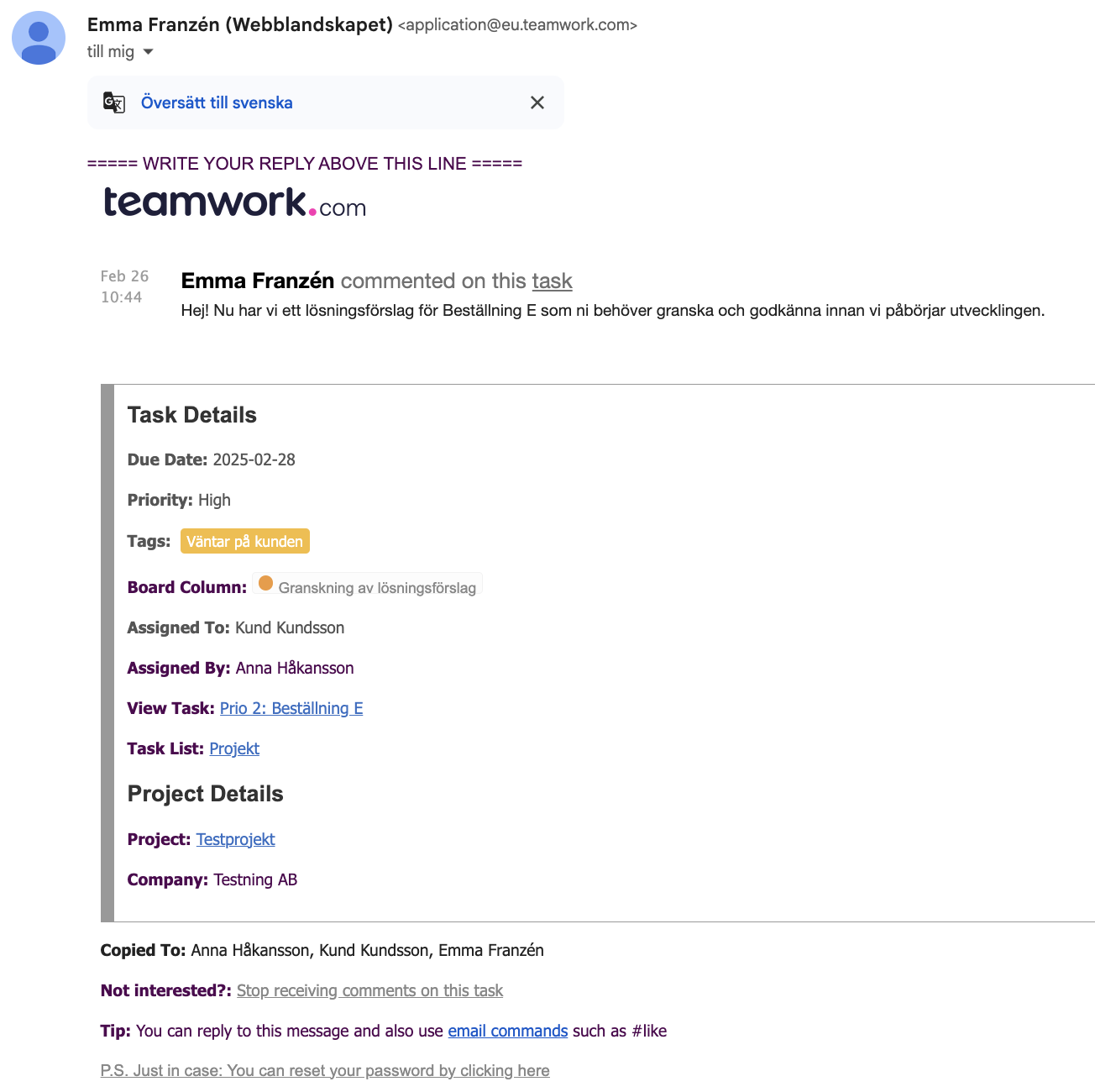 Exempel på hur notiser från Teamwork ser ut som ett e-postmeddelande